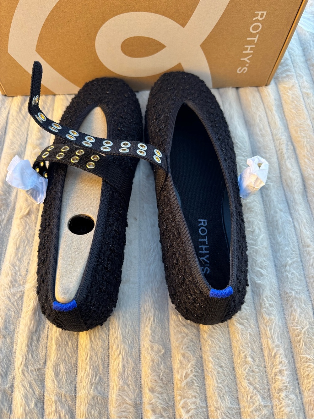 Rothy's Black Textured Mary Jane Flats with Eyelet Strap Twinkle Boucle - Picture 5 of 6
